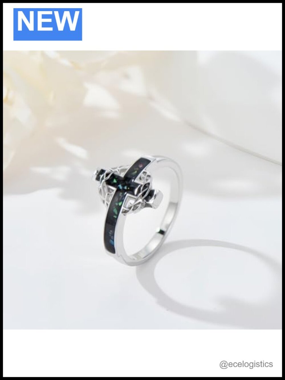 925 Sterling Silver Crown of Thorns Cross Ring Abalone Statement Ring - Picture 3 of 6